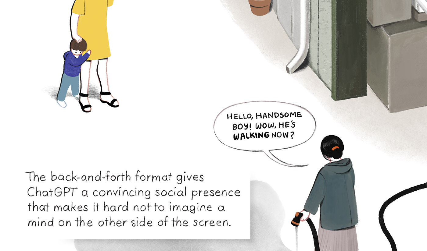 A neighbor holds a dripping hose.